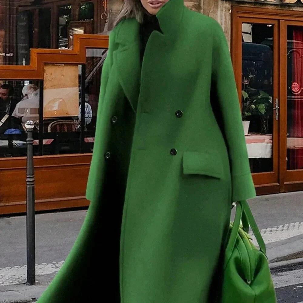 Green Casual Women's Blend Lapel Long Sleeve Warm Overcoat - Picture 2 of 5